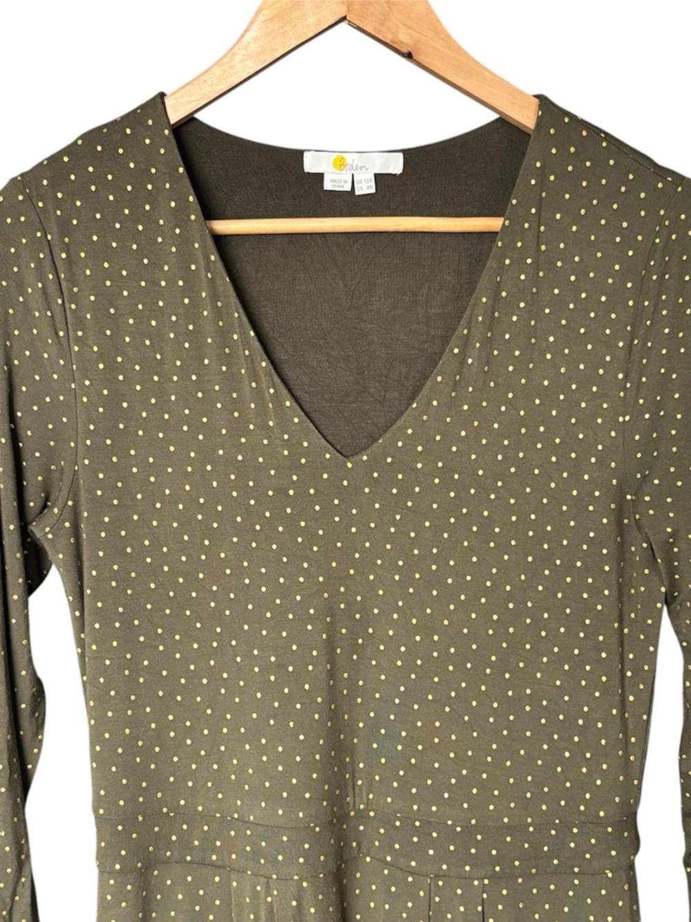 Boden Olive & Gold Polka Dot Jersey Midi Dress Pockets US 8R⁠ - Picture 4 of 8